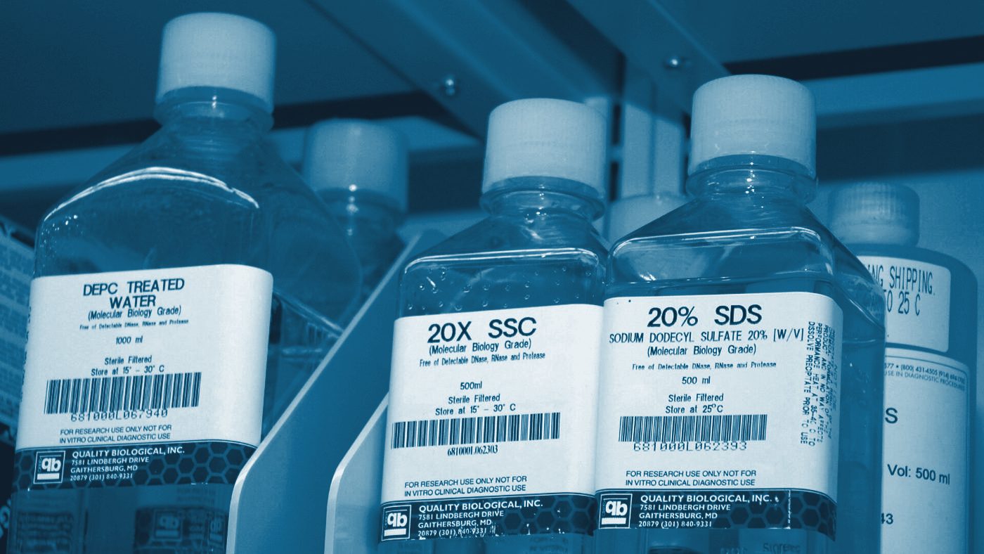 Labelled bottles of laboratory chemicals